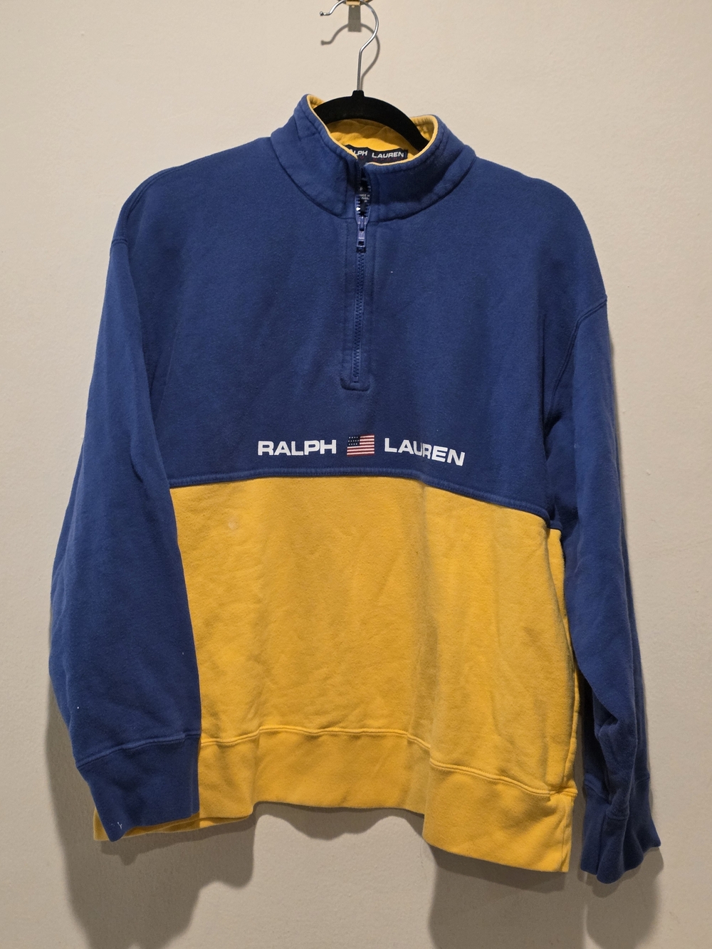 Ralph Lauren Women’s Blue & Yellow Half-Zip Fleece Pullover Large Spellout RARE